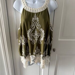 Ultra Pink Olive Green Tank Top with Cream Embroidery